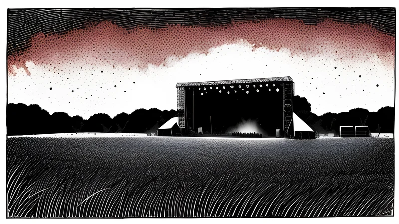 A muddy metal crowd before a stage on a windswept Breton field near the Atlantic, ink-splatter illustration with a crimson hot spot.