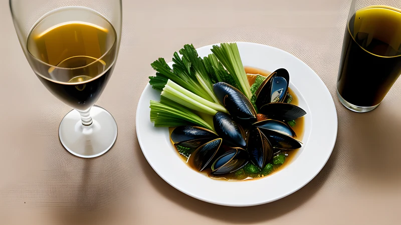 A black enamel pot of open mussels in wine broth with celery, beside a cone of golden chips and mayonnaise