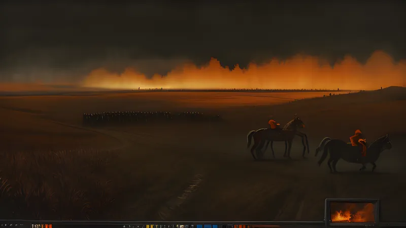 A muddy medieval battlefield of clashing banners and horses seen from a hilltop
