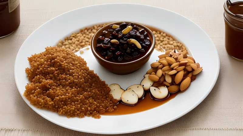 Dark, glossy lamb shoulder pieces glazed with honey and raisins, topped with fried almonds