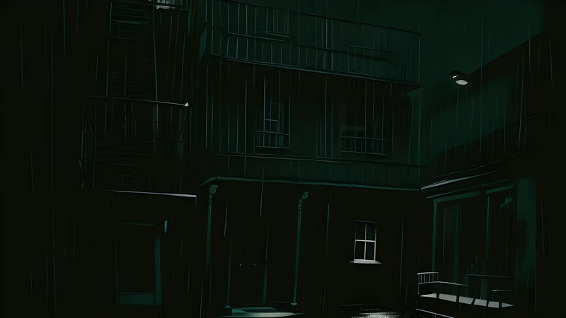 A figure in a nun's habit silhouetted against a New York fire escape, teal and amber projector light through smoke