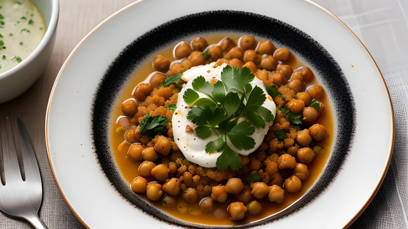 A bowl of warm whole chickpeas in loose pale tahini, dressed with olive oil, cumin and chopped parsley