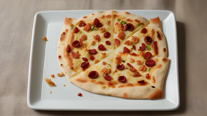 Stack of golden, flaky square flatbreads with torn layers and a pot of honey alongside