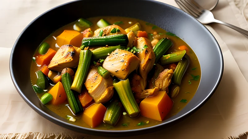 Angolan palm-oil chicken stew with okra and pumpkin