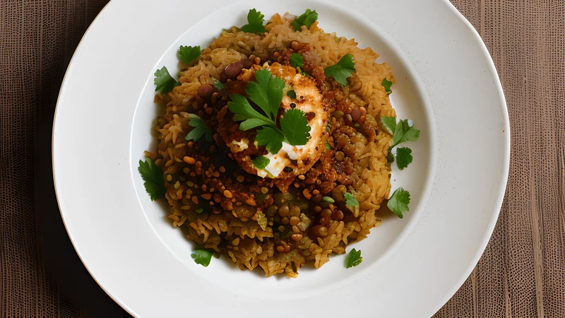 A bowl of mujadara, brown lentils and rice topped with a generous heap of dark crispy fried onions