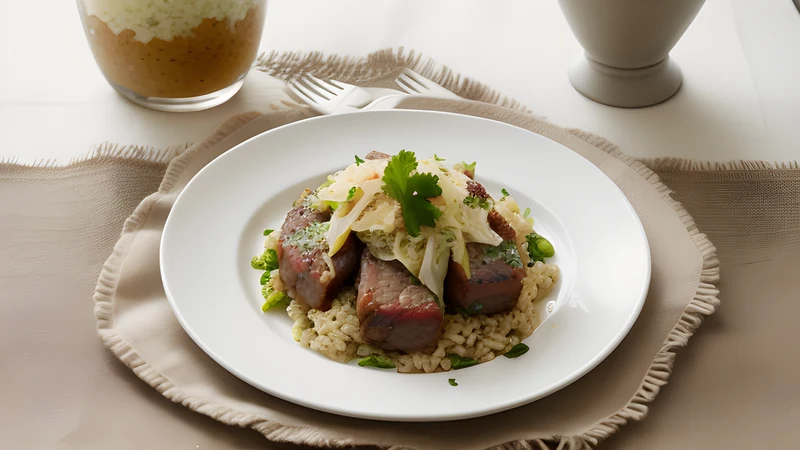 A heavy pot of pale stewed sauerkraut and barley with browned pork belly on top, soured cream alongside