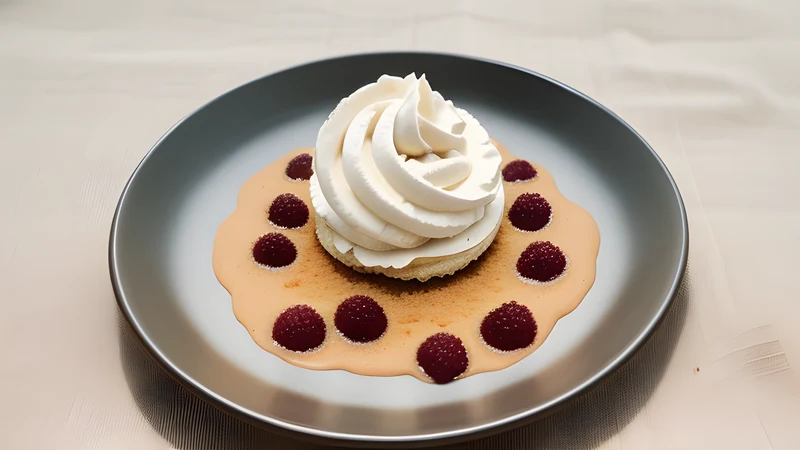 Glass bowl of softly whipped cream marbled with amber cloudberries, a krumkake cone leaning against the rim