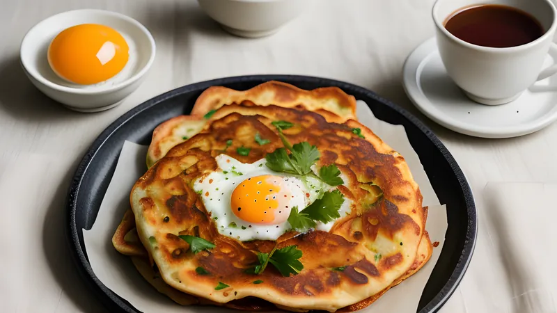A folded murtabak griddle bread cut open to show spiced minced mutton and egg filling