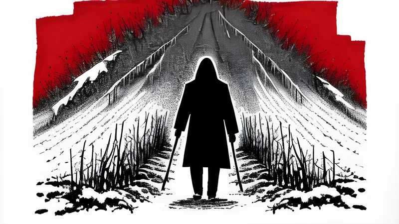Ink illustration of a lone singing figure before a shadowed choir in falling snow, crimson spot colour