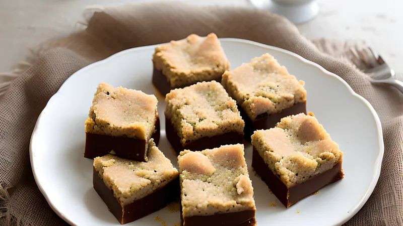 Golden porous squares of Mysore pak stacked on a plate, glistening with ghee