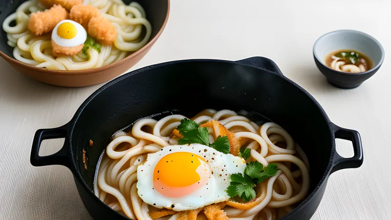 Nabeyaki udon simmering in a small iron pot with tempura, chicken and a soft egg