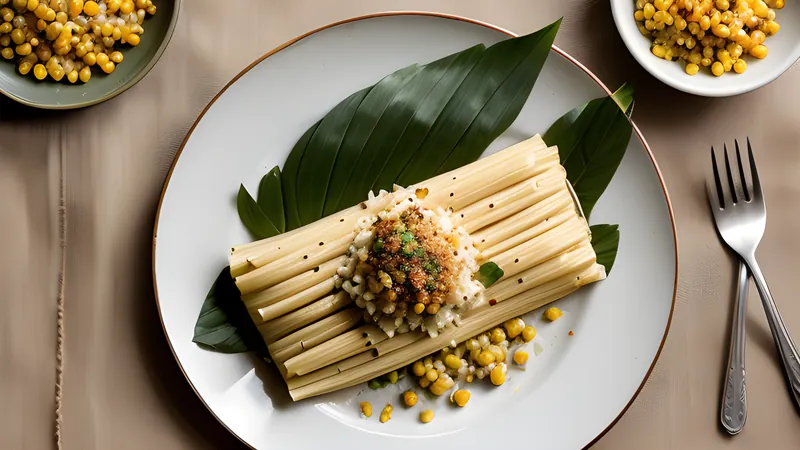 An open nacatamal parcel showing golden masa, pork, rice, potato, tomato and olives on a plantain leaf
