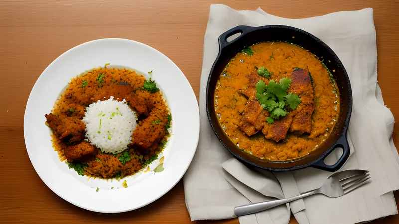 Plate of nasi kandar rice flooded with mixed chicken and beef curry gravies