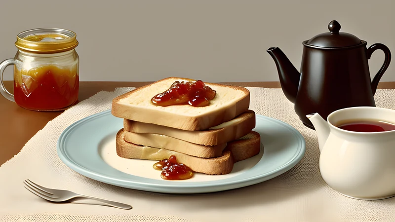 A stack of buttered golden toast with jam and a teapot on a breakfast table