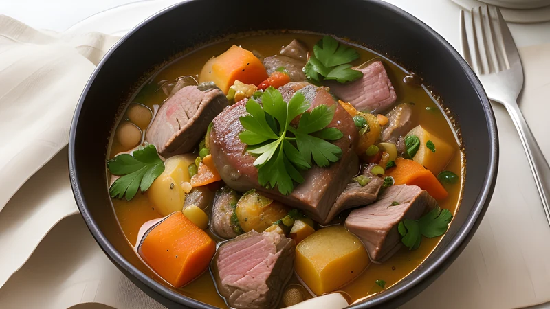 A lamb stew with glazed baby turnips, carrots and peas in a wide pan, scattered with parsley