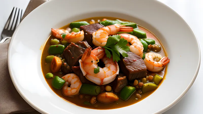 Dark green bitterleaf and groundnut stew with beef and prawns in a clay pot
