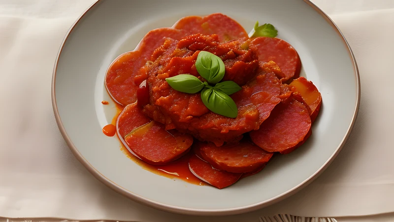 A jar of scarlet spreadable pork paste with a knife beside torn bread on a linen cloth