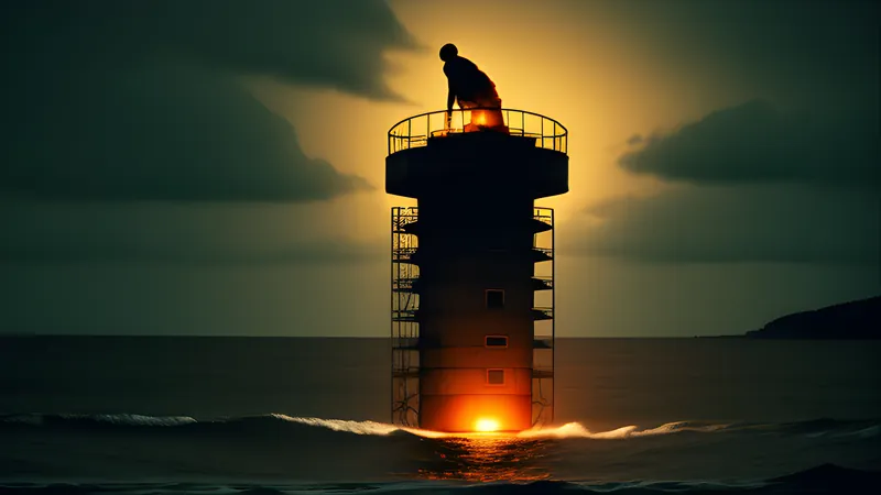 A small hopping creature climbing a rotating cylindrical tower rising from the sea, rendered in CRT phosphor glow