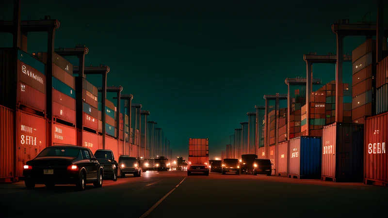 A container port at night, black cars waiting in a row under sodium light