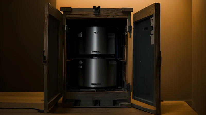 An opened appliance crate revealing interlocking service modules glowing inside