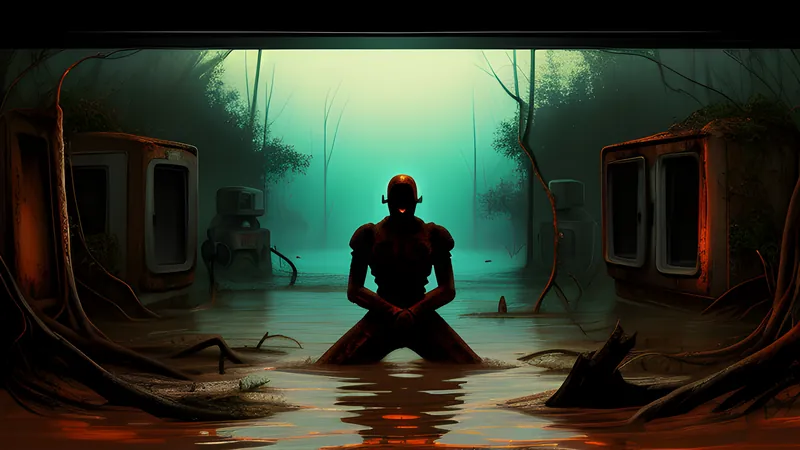 A rusted android silhouette kneeling in an overgrown flooded ruin