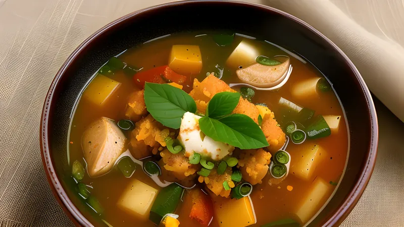 Nigerian pepper soup, clear peppery goat broth with uziza leaf in a bowl