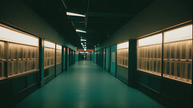 An empty shopping mall interior washed in deep red comet light