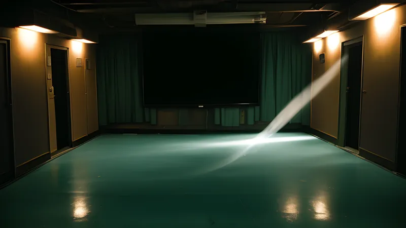 A cracked canister leaking pale slugs onto a campus lawn at night, repertory-cinema poster in teal and amber
