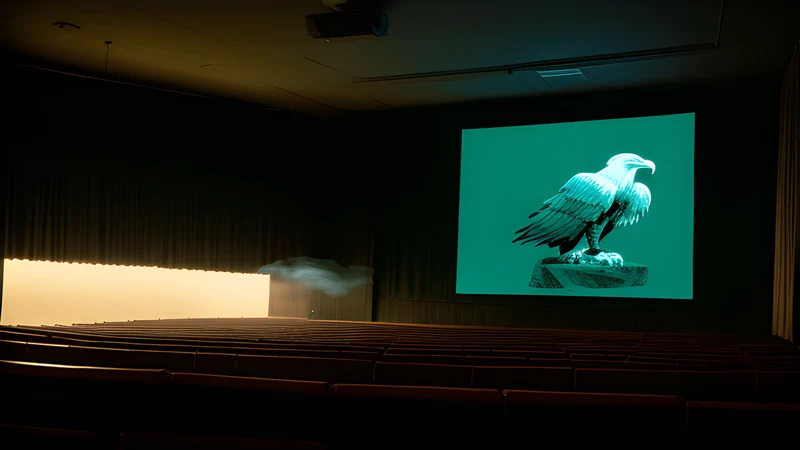 A lecture hall facade with a carved stone eagle perched above the entrance in raking light