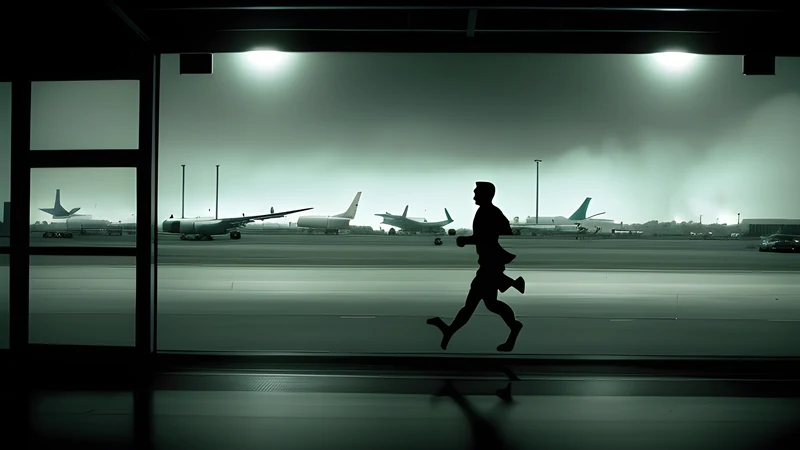 An airport tarmac at dusk with a military transport plane and running figures silhouetted against it