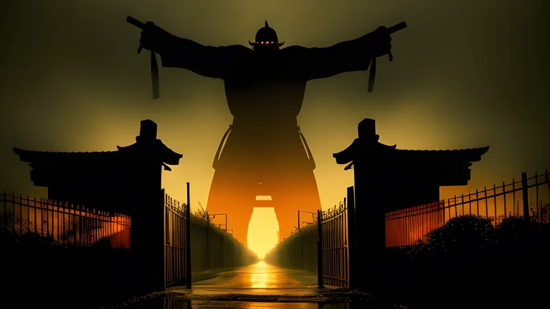 A towering demonic silhouette looming over a rain-soaked shrine gate