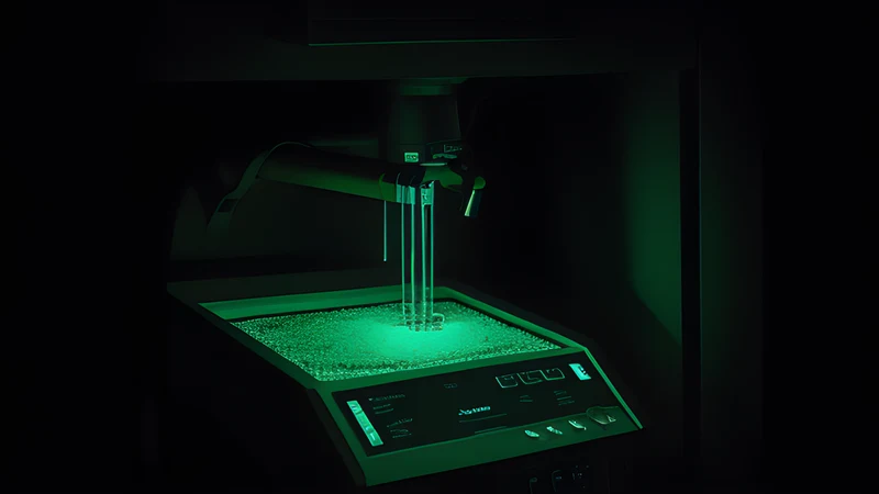 A crystalline machine assembled from a single glowing declarative formula in the dark