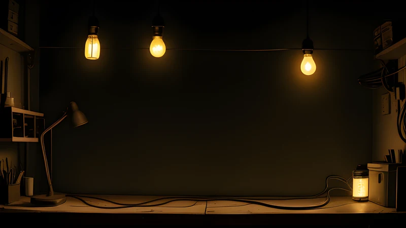 Glowing nodes wired into a flowchart that snakes across a dark workbench