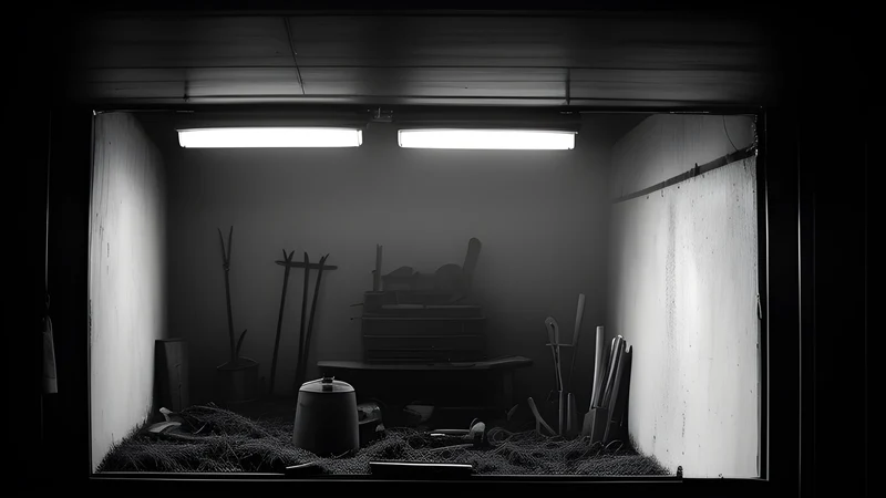 A silver monochrome farmstead with a figure assembled from scythes and cartwheels standing in the yard