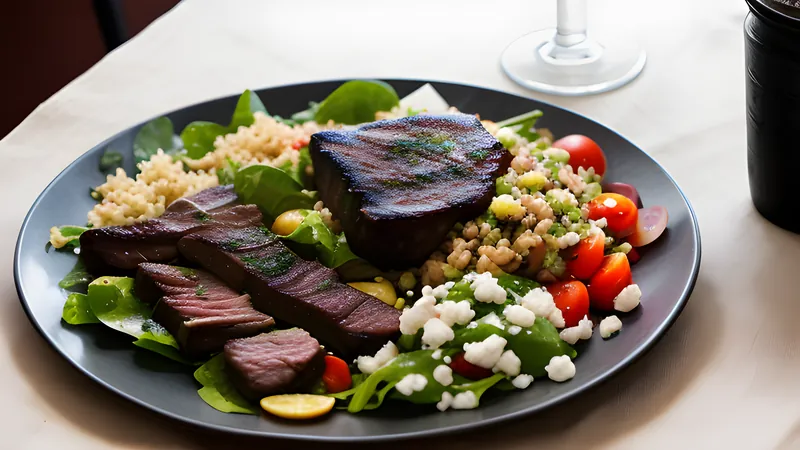 Charred goat meat chunks over glowing charcoal, served with tomato and onion kachumbari salad