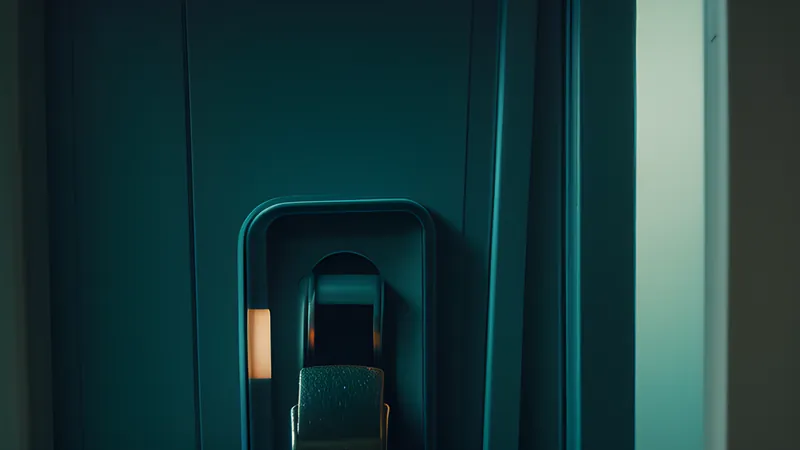 A glowing keycard sliding into a hotel door slot, a distant house shape untouched in the background