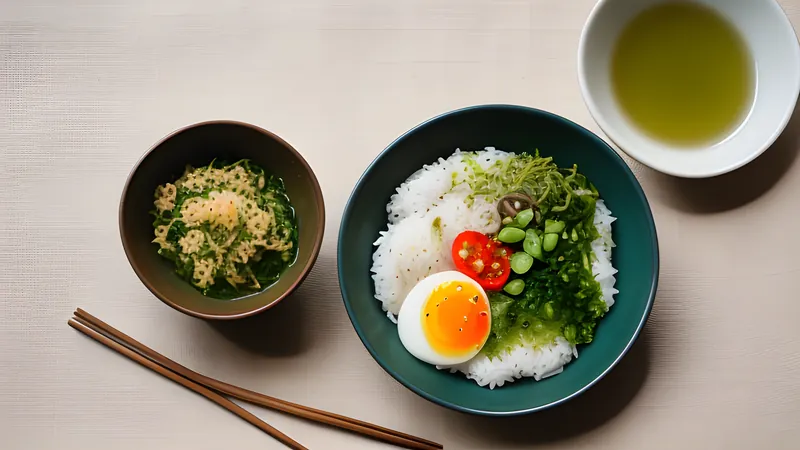 A bowl of rice with grilled salmon, nori and pickles, being poured over with pale green tea