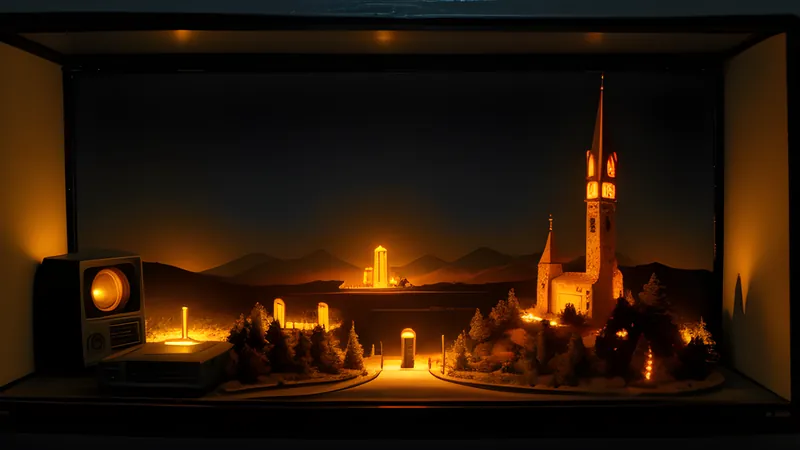 A diorama village glowing with tilt-shift light beneath painted mountains