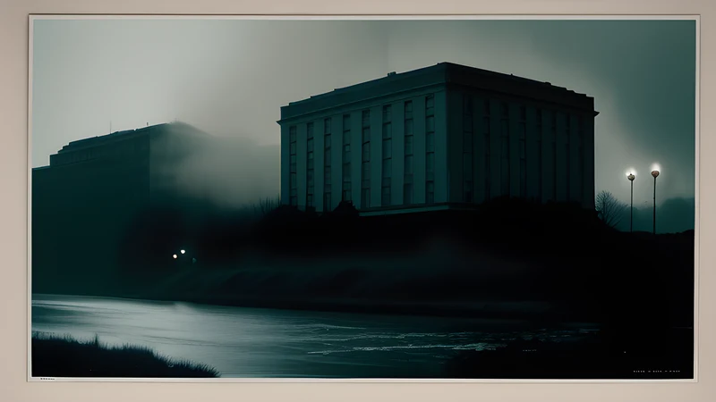 A cold grey bank building standing above a slate-coloured river