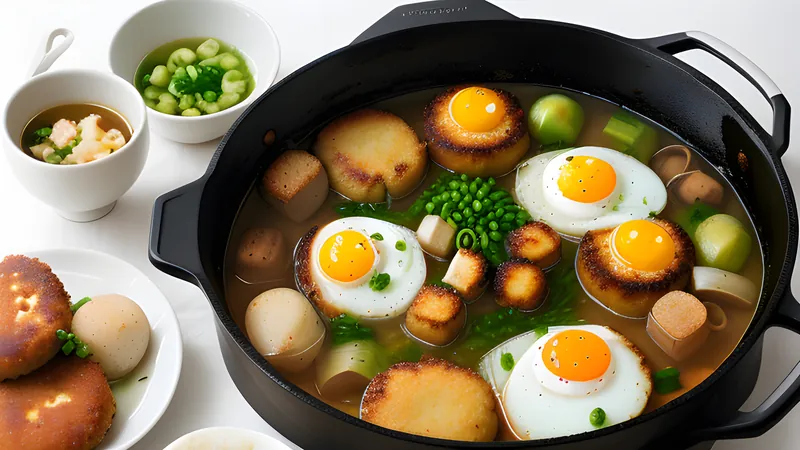 A pot of oden with daikon, eggs and fish cakes simmering in clear dashi broth