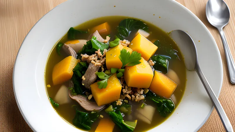 A pot of thick, glossy dark-green ogbono soup with goat meat and greens, stretching from the ladle