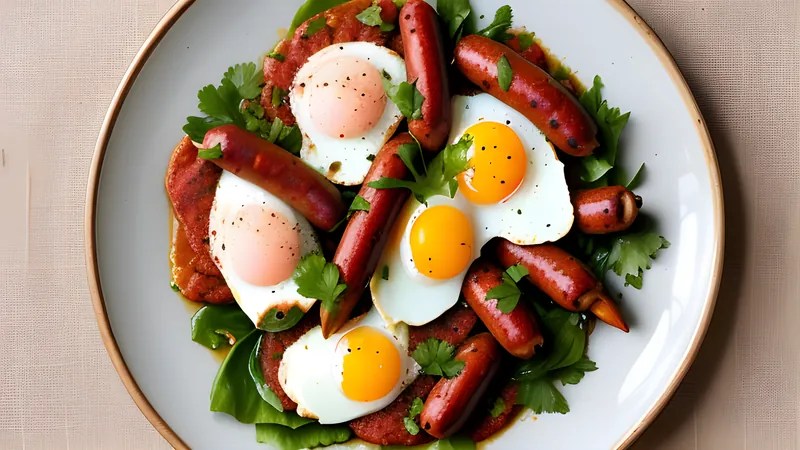Eggs poached in a bubbling harissa tomato sauce with sliced merguez sausage