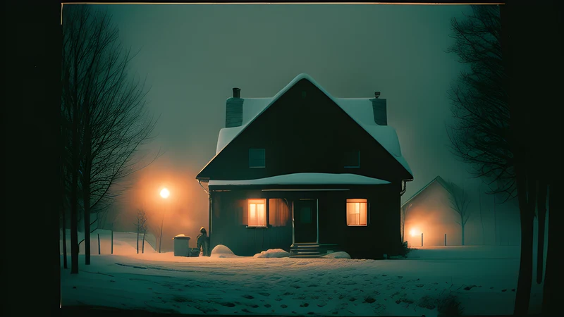 A snowbound farmhouse at night with a lantern burning in the window