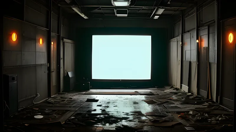 A clapperboard abandoned on a stained factory floor, rendered as a repertory cinema poster in teal and amber