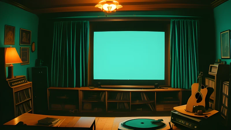 Two pale figures in sunglasses drifting through a derelict city at night, repertory cinema poster in teal and amber with projector light through smoke