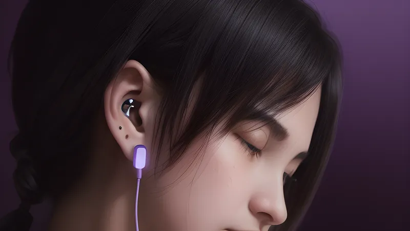 An invented open-ear hook earbud form with a sweat-bead texture and a wind-swept ribbon of air passing beside it