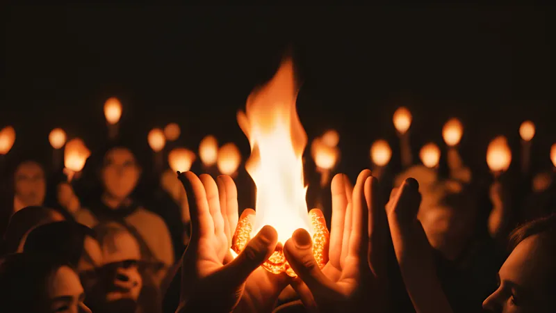Countless glowing hands passing a single small flame of light onward across a vast dark crowd