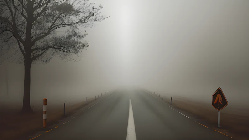 A road forking in thick fog, one path still carrying the original signposts