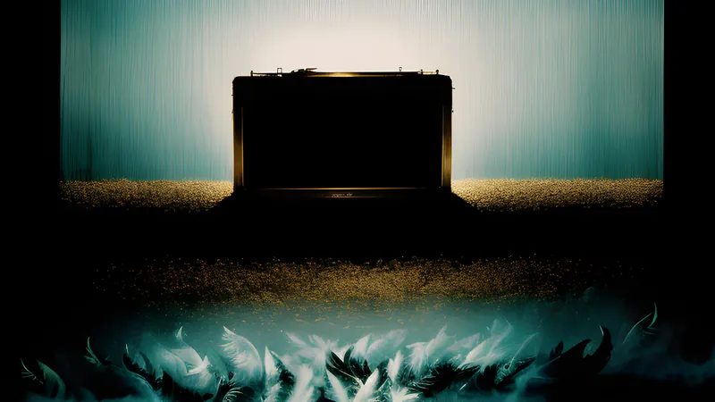 A gilded opera box seen through a veil of black feathers, teal and amber lighting