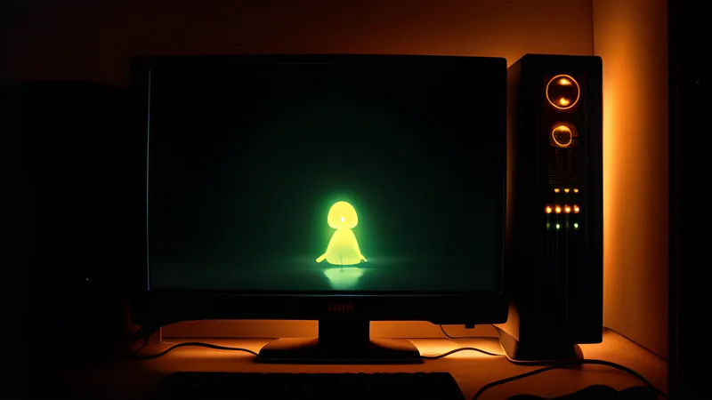 A small glowing spirit drifting through a luminous painted forest canopy, rendered in amber CRT glow